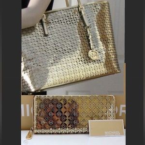 BUNDLE: Tote + Wallet MK Flower Perforated Medium Travel Tote ( Gold) + wallet